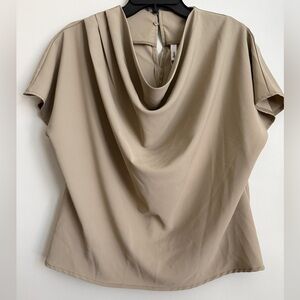 Tan Draped Front Cowl Neck Twist Cap Short Sleeve Asymmetrical Blouse Top Size L